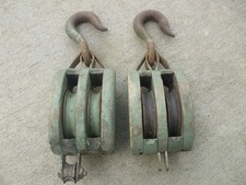 2- BIG VINTAGE WOOD/METAL BLOCK & TACKLE PULLEY FARM BARN NAUTICAL DECOR picture