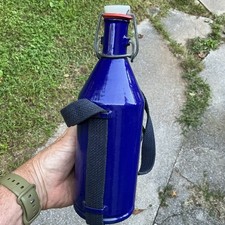 RARE PRE WWII DUTCH FLASK WITH STRAP COBALT-BLUE GRANITEWARE ANTIQUE MINT picture