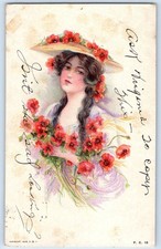 c1910's Pretty Woman With Floral Hat Poppies Flowers Frankfort Kentucky Postcard picture