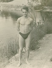 Shirtless Handsome young man speedo trunks bulge beach gay vintage photo picture