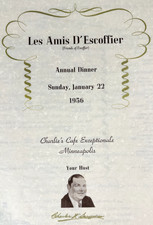 1956 Les Amis D'Escoffier Menu at Charlie's Cafe Exceptionale MN, Free Shp picture