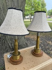 Pair Vintage Brass Shell Casing Table Trench Lamps Wood Base MCM Military picture