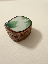 Vintage Chinese Repousse Cooper Tone Metal Trinket Jewelry Box Porcelain & Lid picture