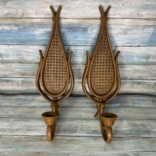 Homco Faux Rattan Wicker Teardrop Wall Sconce Candle Holders #4226 Boho Set picture