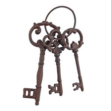 Large Cast Iron Skeleton Jail 3 Keys On Ring Rustic Western Decor Antique Brown picture