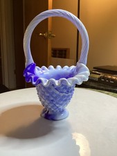 Vtg Fenton Art Glass Hobnail Almost Heaven Blue Slag Mini Basket picture