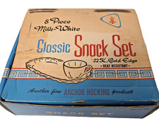 Vtg. Anchor Hocking 8 pc.Milk-white Classic Snack Set  22K Gold Edges, Orig Box picture