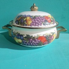 Vintage Cornucopia Pattern Enamel Dutch Oven Casserole With Lid, Brass Hardware picture