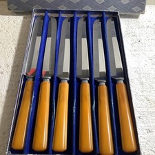 Vintage  6 Steak Knives Butterscotch Bakelite Handles Orig. Box Mcm picture
