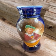 Antique Hand Painted Portrait Porcelain Small Miniature Vase Cobalt Blue VTG picture