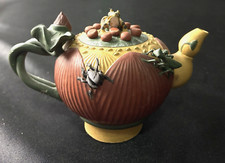 VINTAGE CHINESE YIXING ZISHA CLAY LOTUS FROG TEA POT W/BOX & TEA COZY NEW picture