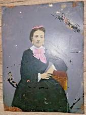 Antique whole plate large tintype photograph, hand embellished / painted lady picture