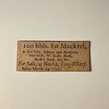 Fat Mackrel Salmon & Alewives Sale Long-Wharf Boston 1799 1799 Clipping 5AK9-S8 picture