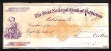 Bethlehem, PA 1873 First National Bank Check #18005 Vignette & Tax Stamp picture