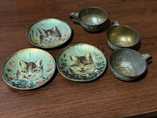 Rare Antique Victorian Tin Litho Cat Kitten Child’s Toy Tea Set 6 Pc picture