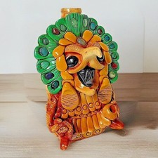 Teotihuacan Tequila Bottle Handmade Mexican Folk Art Aztec Owl Obsidian Stone picture