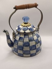 MacKenzie-Childs Blue Royal Check Hand Glazed Steel Tea Kettle W/Handle 2 Quart picture