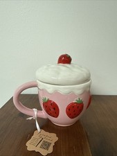 NWT LANG Pink Strawberry Coffee/Tea Ceramic Mug Lid Hand Painted Mother's Day picture