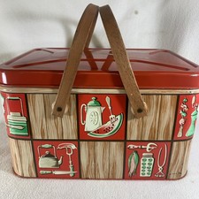 Vintage 1950's Decoware Red Metal Picnic Basket Lunch Box Can picture