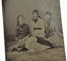 Antique 1800s Tintype Young Ladies Girls in Fancy Dress, Hats, & Umbrella picture