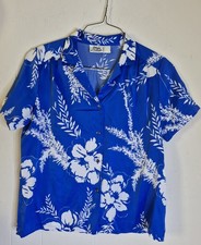 Vintage Hilo Hattie's Blue Floral Short Sleeve Hawaiian Shirt Women's Size L picture