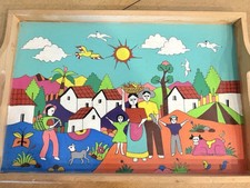 Vtg Colorful Folk Art Large Farm Village Scene Wood Serving Tray 15.75