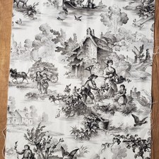 Vintage Black & Off White Toile Fabric Remnant Irreg Shape Gorgeous picture