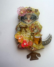 Vintage Creations by Frances Cat Brooch Pin  w/ Dangling Telephone Charm picture