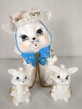 Vintage Lefton Spaghetti Cat Mom Chained 2 Kittens Figurine MCM 5