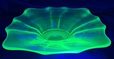 VTG ATQ Green Uranium Depression Glass Wavy Edge Footed Bon Bon Dish 7.75” picture