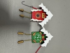 Vintage Wood Cuckoo Clock Christmas Ornaments Red Green Taiwan Lot of 2 picture