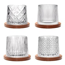 4PC Rotating Whiskey Glasses with Bamboo Coasters,9 oz Old Fashioned Rum Glasses picture