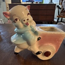 Vintage Ceramic Kitsch Anthropomorphic pig With Cart Planter picture
