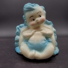 Vintage Hull Blue Glossy Ceramic Baby on Pillow Planter Nursery Vase 5 1/2