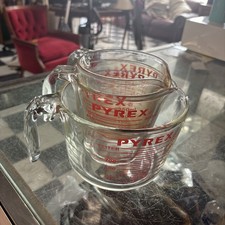 Vintage Pyrex Glass Measuring Cups Set 1 2 4 Cup Red Lettering Metric USA picture