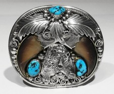Big Old Signed Navajo 78.8g 925 Silver GEM Turquoise Grizzly Bear Belt Buckle picture