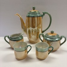 Vintage Japan Lusterware Tea Coffee Set Pot Sugar Creamer Cups Peach Green picture