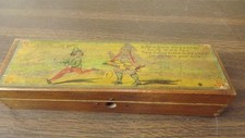 Antique WOODEN PENCIL Box + ITEMS INSIDE  VERY OLD  Good Graphics picture