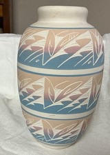 10” Tall Navajo Pink And Blue Etched Vase picture