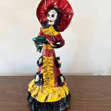 Mexican Folk Art Paper Mache La Catrina Skeleton Doll Day of the Dead Red Yellow picture