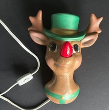 RARE 9x7 Vtg Ceramic Christmas Rudolph Red Nose Reindeer Light Wall Lamp Decor picture
