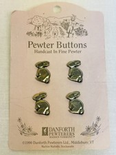 1990 Danforth Pewterers Metal Pewter 4 BUNNY RABBIT Realistic Buttons on Card picture