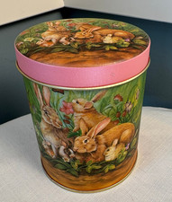 Small Vintage 1992 YF Pink Tin #2032 Spring Bunnies Rabbits - 4.5 Inches picture