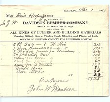 1927 Davidson Lumber Co. paid billhead, Bedford, PA picture