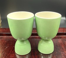 Vintage Green Ceramic Egg Cups Pair MCM Style Display Only Hairline Cracks picture