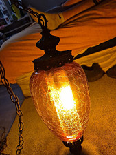 RARE Vintage Carl Falkenstein Amber Crackle Glass Swag Lamp MCM Pendant Light picture