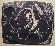 Ukrainian Soviet USSR Linocut realism space Baby infant astronaut rocket picture