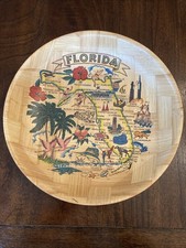 Vintage Florida Bamboo Souvenir Large  Bowl Decor Mid Century Modern Map Rare picture