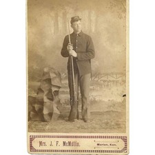 📷RARE 1890s Cabinet Card US Infantry Soldier Trapdoor Rifle Marion KS McMullin picture