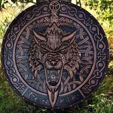 24'' Fenrir Wolf Carved Wooden Viking Shield Battle-Worn Shield Wall Décor picture